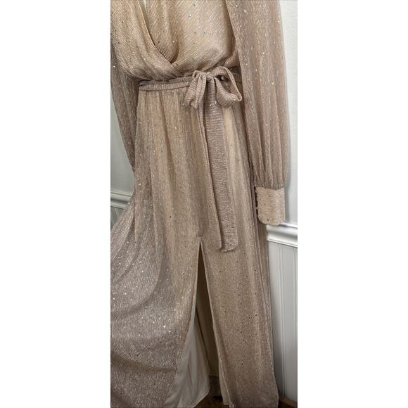 Baltic Born Dress S Abigail Sparkle Gown Pink Sequin Maxi Formal Sheer L/S Slit - Picture 6 of 14